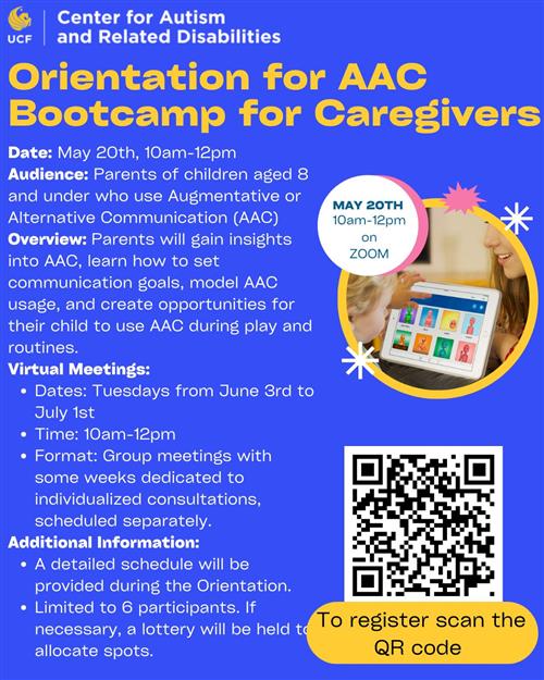 Orientation for AAC Bootcamp for Caregivers flyer with information